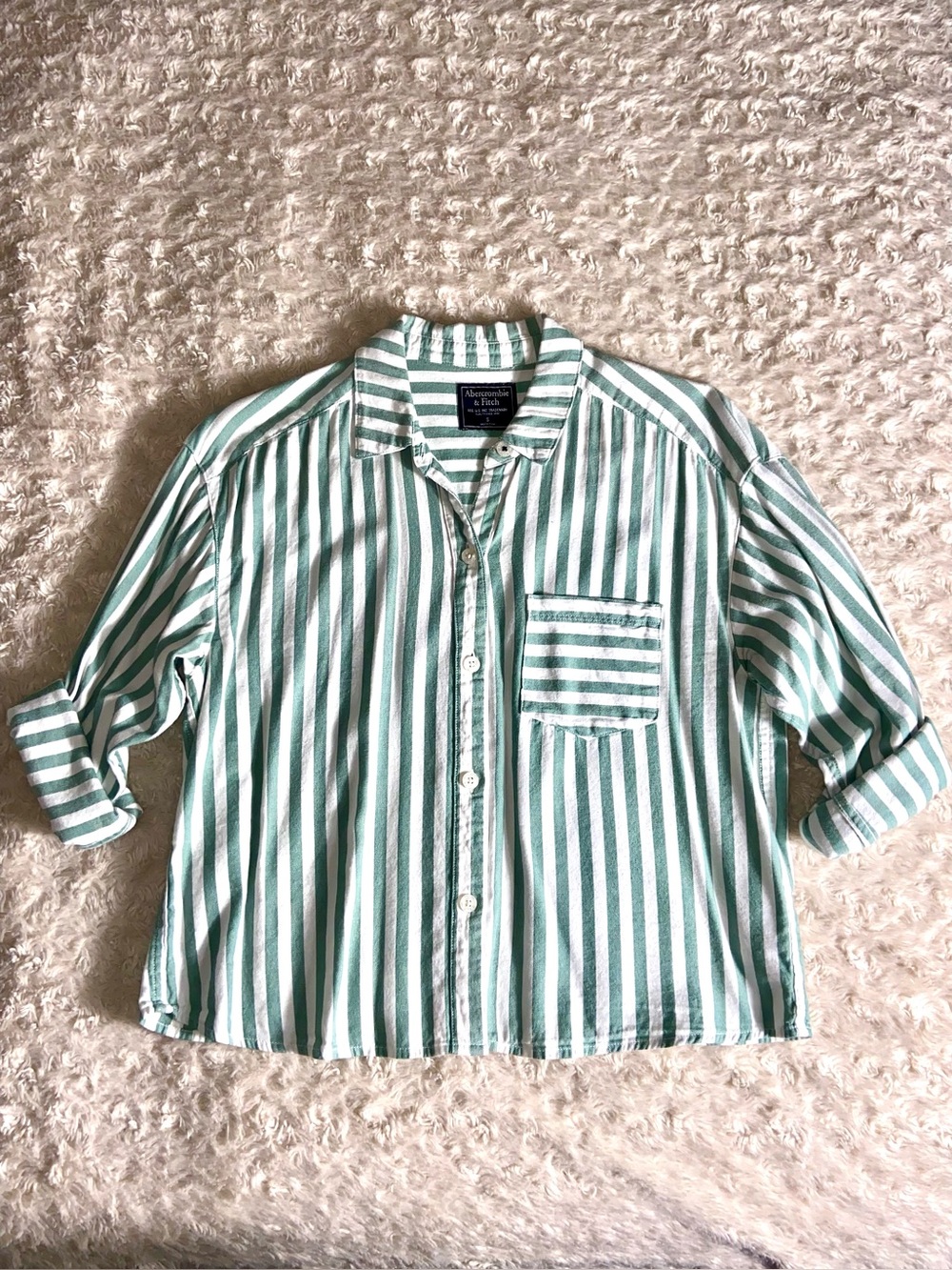 Abercrombie & Fitch Light Green and White Striped Button-Down Shirt